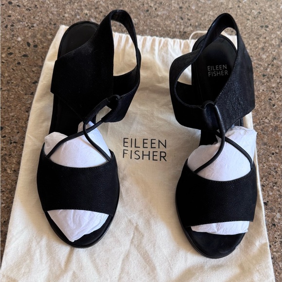 Eileen Fisher Shoes - Eileen Fisher Womens DOE Tumbled Nubuck Heeled Sandals Black size 10